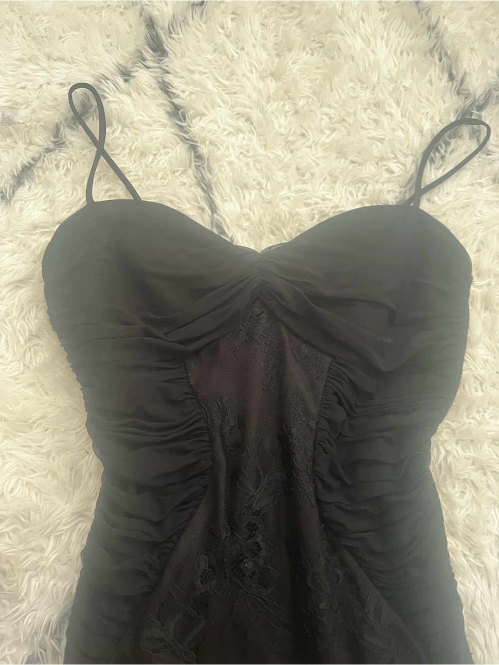 Windsor Black Lace-Panel Ruched Spaghetti-Strap Chemise